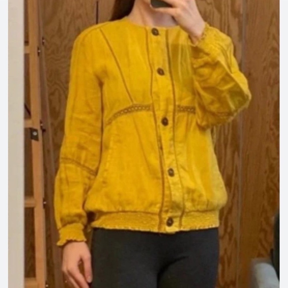 Zara Basic Mustard Yellow 100% Linen Crochet Lace Trim Button Front Jacket XL